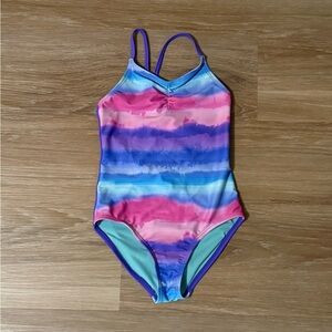 SO | Girls' Multicolor Stripe One-Piece Swimsuit - Pink & Blue
